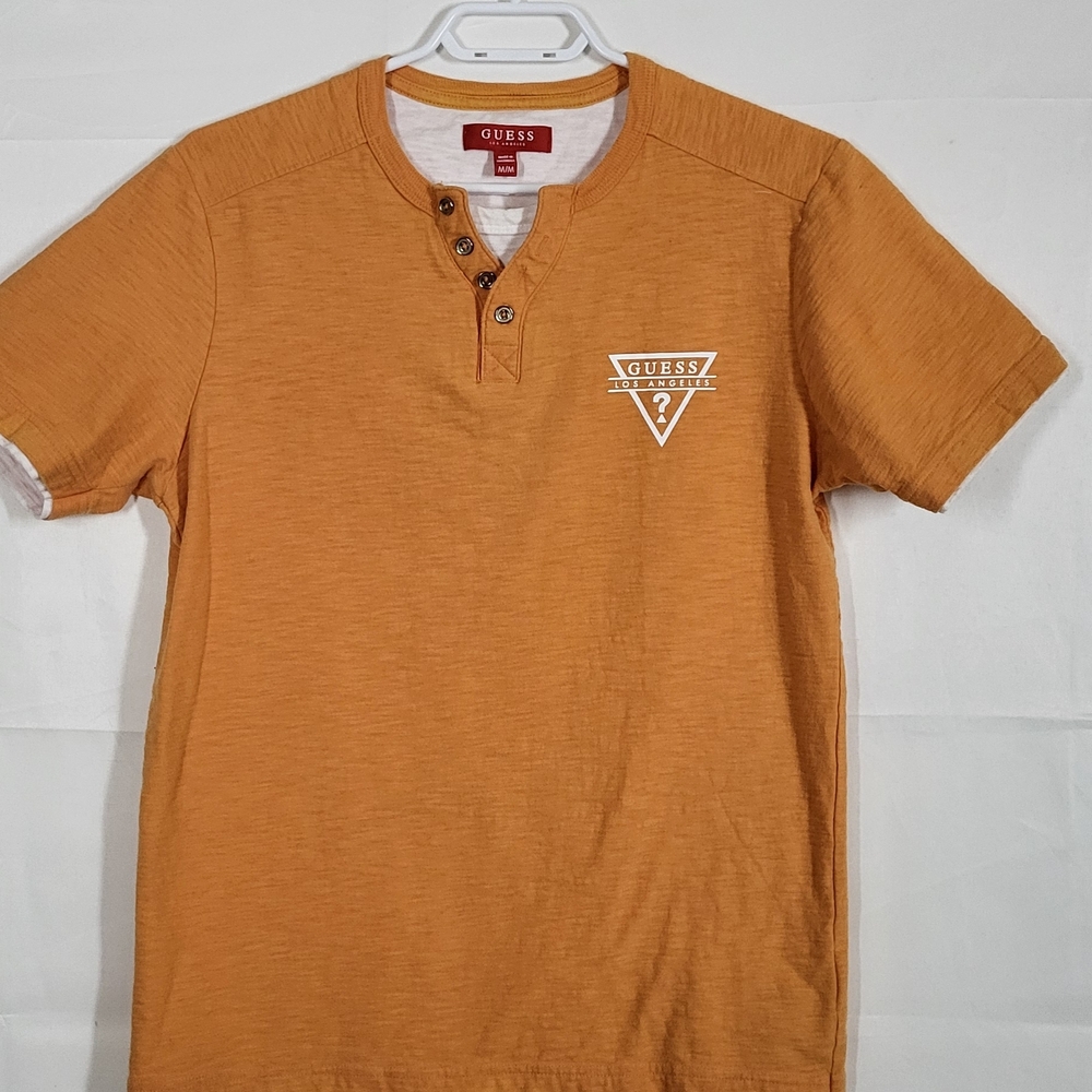 GUESS Men's Orange Short-Sleeve Henley with White Logo